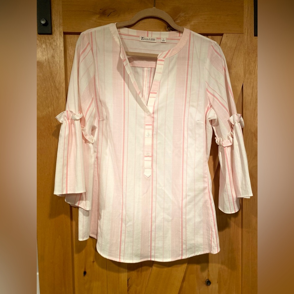 Chic Pink and White Striped Blouse with Ruffle Sleeves (NWOT)